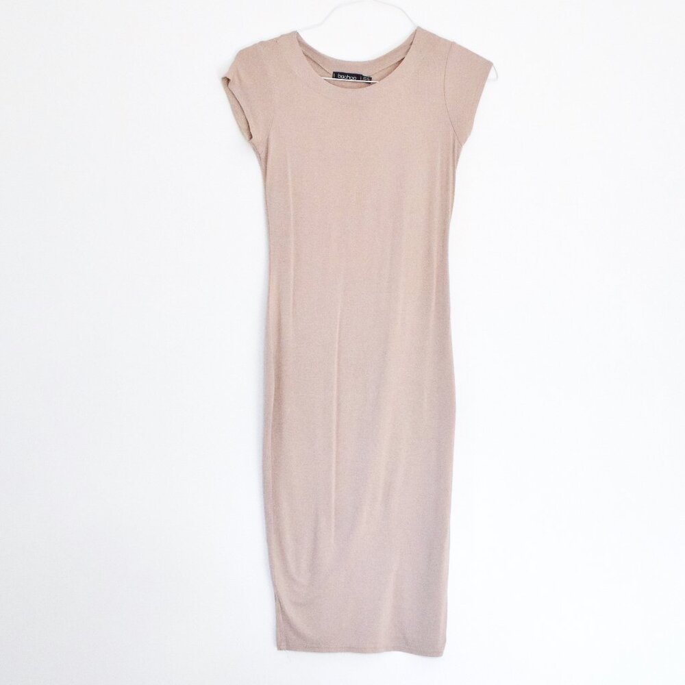Nude Scoopneck Short Sleeve Bodycon Pencil T-Shirt Midi Dress | Size
